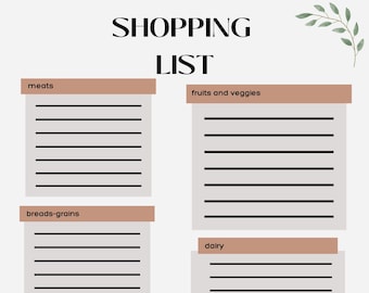 Lista de compras digital: 6 categorías, lista de compras imprimible, lista de compras descargable, lista de compras digital