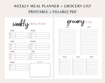Planificador de comidas semanal Planificador de comidas imprimible Plantilla de planificador de comidas digital Planificador de comidas minimalista Planificador de comidas diario, lista de compras, menú de alimentos