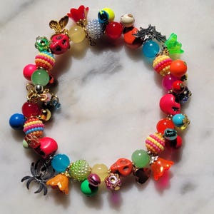 Colorful Skull Charm Bracelet ~ Vibrant Floral & Crystal Jewelry ~ Beaded Spooky Season Accessory