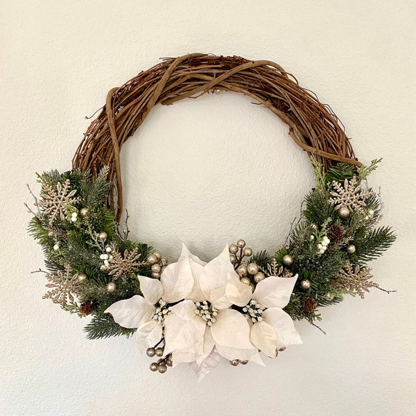 Neutral, Gold, & Silver Winter Wreath with Cream Poinsettias