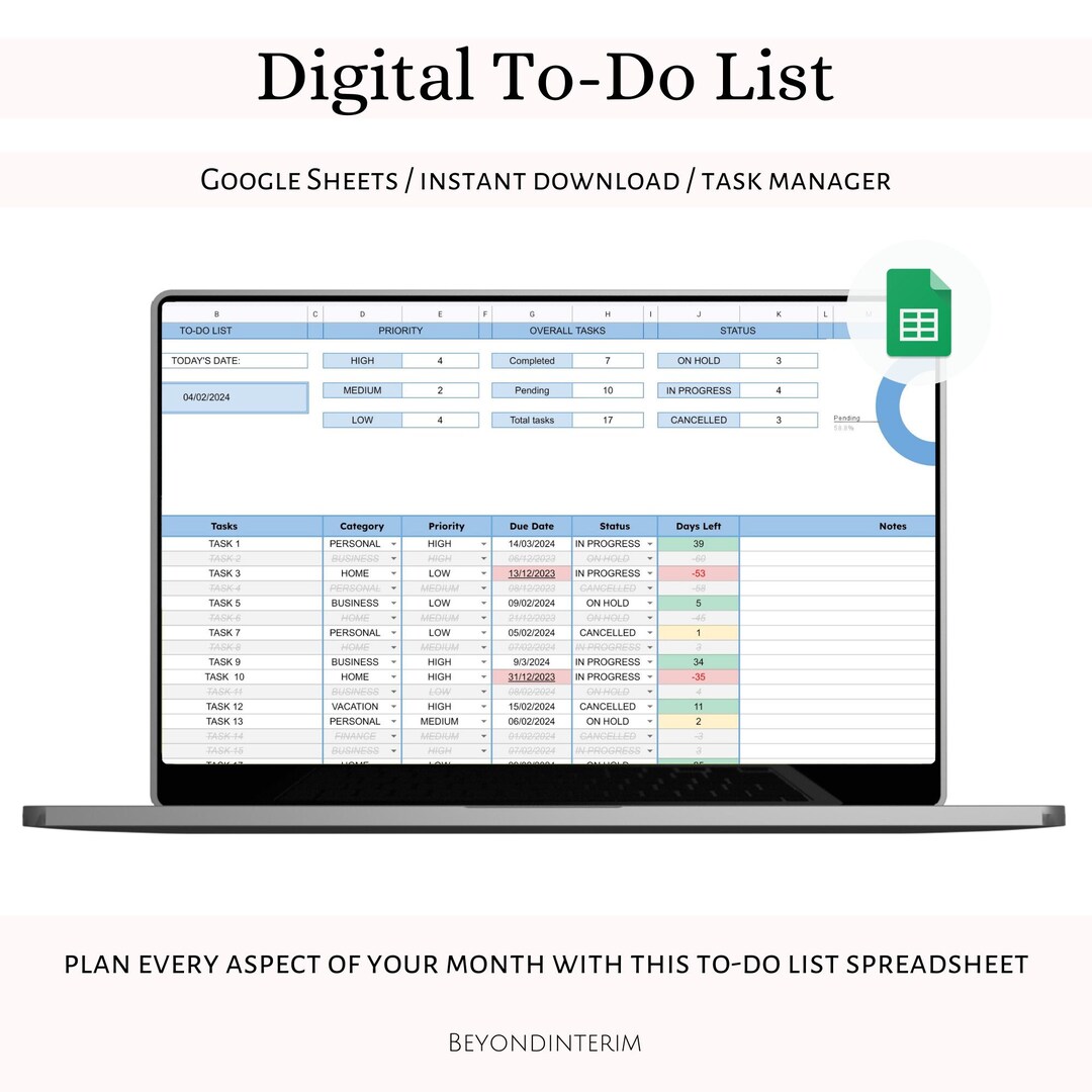 Digital Task Tracker Spreadsheet, Digital to Do List Template, Daily ...