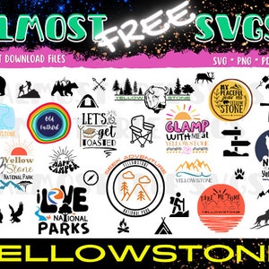 May include: A collection of colourful digital designs featuring the words "Yellowstone" and "Glamp with Me at Yellowstone". The designs also include images of mountains, trees, a bear, a wolf, a campfire, and a camper van. The designs are perfect for creating t-shirts, mugs, tote bags, and other merchandise.