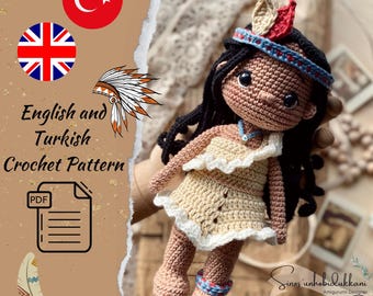 Patrón de crochet para muñeca Pocahontas / Amigurumi PDF, nivel intermedio
