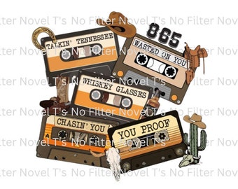 May include: A collection of six vintage cassette tapes with country music themes. The tapes are stacked on top of each other and feature various designs, including a cowboy hat, a horseshoe, and a cactus. The text on the tapes includes "Talkin' Tennessee", "Wasted On You", "Whiskey Glasses", "Chasin' You", and "You Proof".