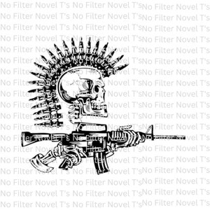 May include: Black and white illustration of a skull with a mohawk made of bullets holding a rifle. The skull is wearing a bandana and has a menacing expression. The text "No Filter Novel T's" is repeated throughout the image.