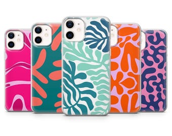 May include: A collection of five colorful phone cases. Each case features a unique abstract design in shades of pink, teal, orange, and blue. The cases are made of a clear, protective material.