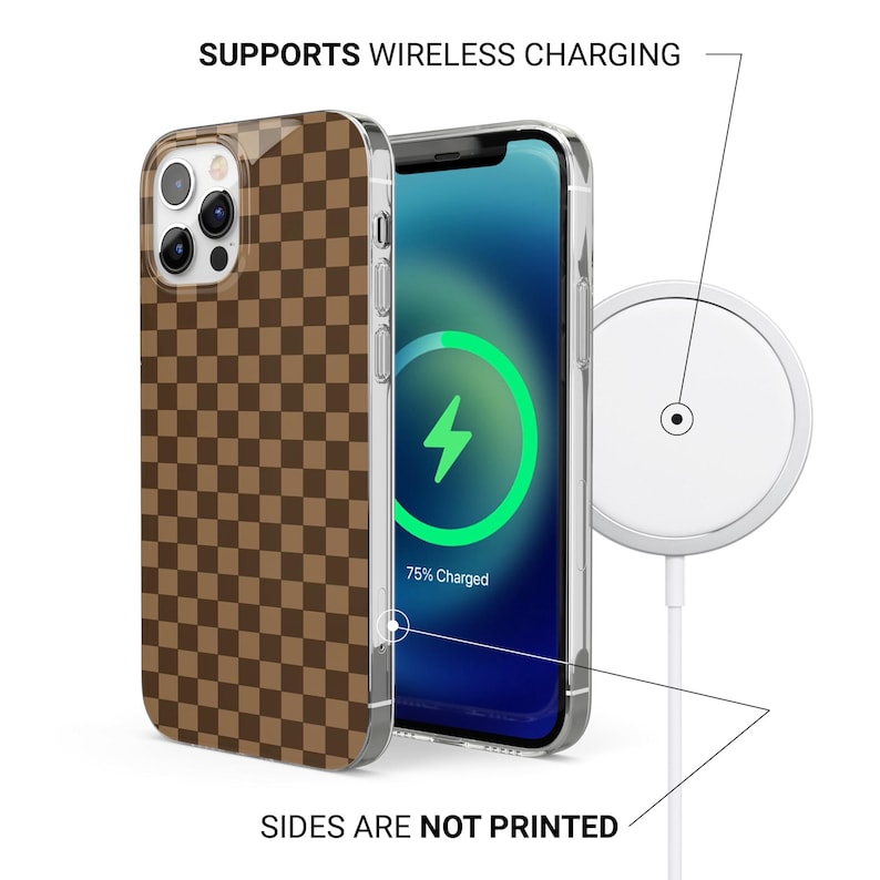 May include: A brown and tan checkered phone case with a clear border. The phone screen displays a charging symbol. A white wireless charger is also shown. Text reads: "SUPPORTS WIRELESS CHARGING" and "SIDES ARE NOT PRINTED."