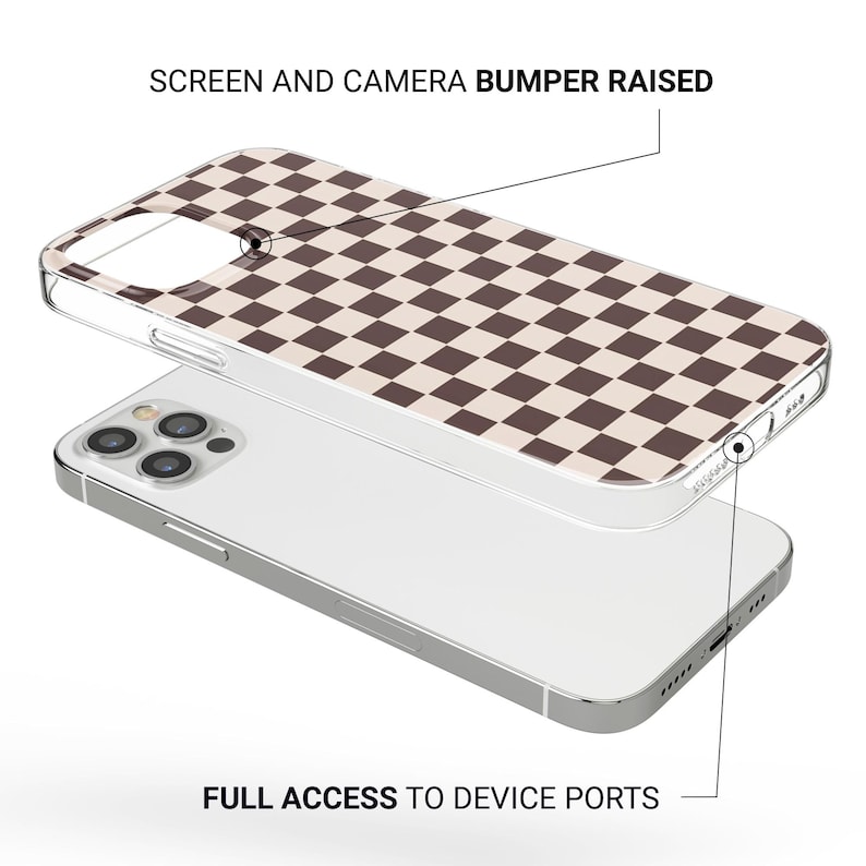 May include: A clear phone case with a brown and beige checkered pattern. The case is designed to protect the screen and camera with a raised bumper. The text "SCREEN AND CAMERA BUMPER RAISED" and "FULL ACCESS TO DEVICE PORTS" are visible.