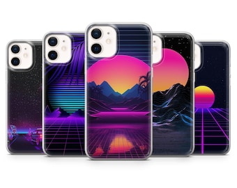 May include: Several phone cases with retro landscape designs. Each case displays a different sunset scene with mountains, palm trees, and a grid pattern, in pink, purple, and orange hues. The cases are clear with black phone details.