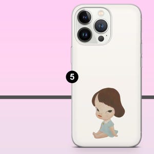 May include: White phone case featuring a cartoon illustration of a girl with brown hair and a blue dress. The case has a clear camera lens area and a black number 5 on the side.