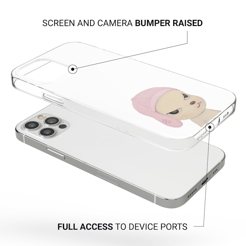 May include: Clear phone case with a cartoon illustration of a beige character wearing a pink hat. The case is designed to protect the screen and camera, with full access to device ports.