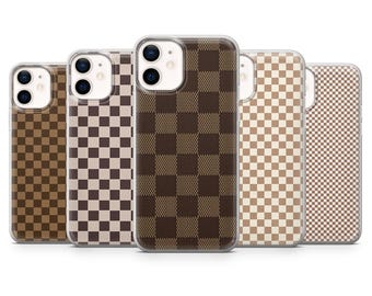 Brown Beige Phone Case Checkered Cover for iPhone 17 Pro, 16, 15, 14, 13, 12, Samsung S26, S25Fe, S24, S23, A16, A26, A56, Pixel 10 Pro, 9