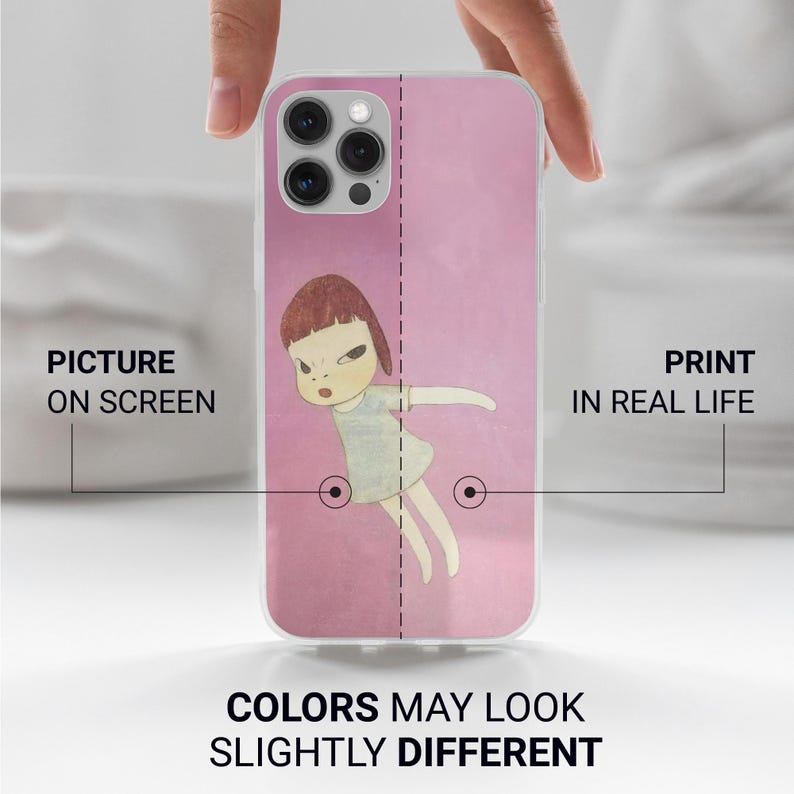 May include: A pink phone case featuring a cartoon illustration of a girl with a stern expression. The case has a clear border and the text "PICTURE ON SCREEN" and "PRINT IN REAL LIFE". The text "COLORS MAY LOOK SLIGHTLY DIFFERENT" is also visible.