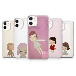 May include: A collection of phone cases featuring illustrations of cartoon-like figures with expressive faces. The cases showcase a variety of designs, including a girl in a dress, a girl in a pink hat, and other characters in different poses.