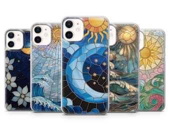 Celestial Phone Case Stained Glass Moon Sun Cover for iPhone 17Pro, 16, 15, 14, 13, 12, Samsung S26, S25, S24, S23,A16, A26,A56, Pixel 10, 9