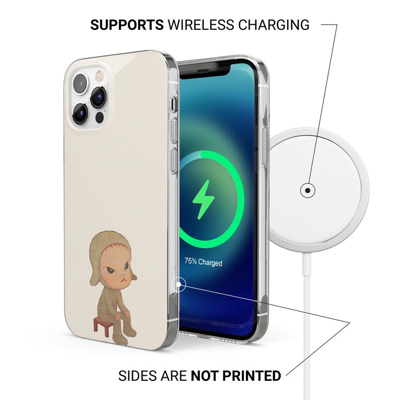 May include: A phone case with a cartoon character design. The case is off-white with a clear border. The phone screen shows a charging symbol. The text reads: "SUPPORTS WIRELESS CHARGING" and "SIDES ARE NOT PRINTED."