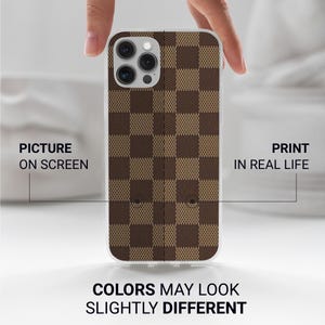May include: A phone case with a brown and tan checkered pattern. The case is held up by a hand. The text on the image reads "Picture on Screen", "Print in Real Life", and "Colors May Look Slightly Different".