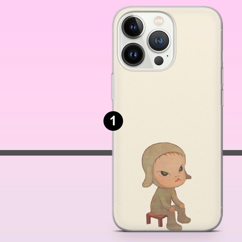 May include: A phone case featuring a cartoon illustration of a seated figure with a stern expression. The figure is dressed in a light brown outfit and hat, sitting on a small stool. The case has a cream-colored background.