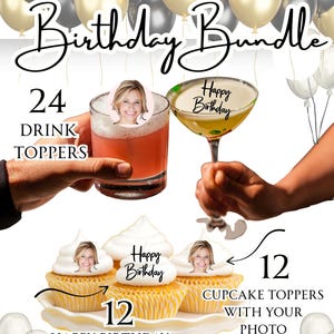Birthday Drink/Cupcake Topper BUNDLE –Custom Text + Age + Pic Set | Edible Birthday Bundle | 36 Toppers l Birthday l Wedding