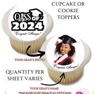 Adornos para cupcakes o galletas de graduación personalizados para tu fiesta de graduación u ocasión especial. Personaliza tu papel comestible, PRECORTADO.
