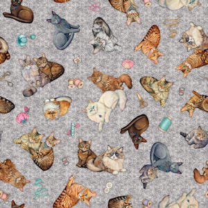 Cat Fabric Quilt Room Kitties Cat Toss in Gray From Quilting Treasures 100% Cotton