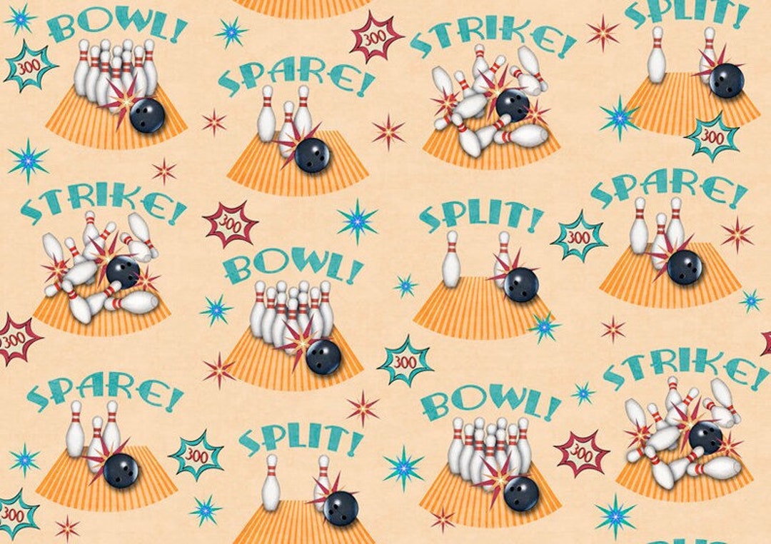 Bowling Fabric Bowlarama Strike Spare Split in Tan 1/4 Yard Etsy