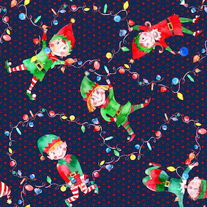 Christmas Fabric Elf Dance in Blue 100% Cotton