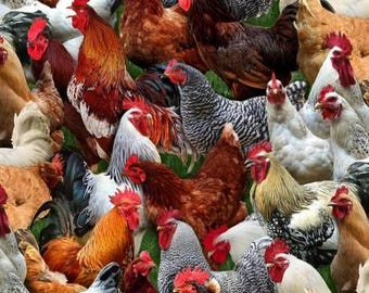 May include: A colorful pattern of roosters and hens in various poses. The chickens are white, black, brown, and gray with red combs and wattles. The background is a blurred green.
