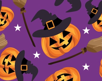 May include: A seamless pattern featuring orange jack-o'-lantern pumpkins with black witch hats and broomsticks on a purple background with white stars.