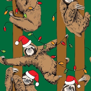 May include: A seamless pattern featuring sloths wearing Santa hats and hanging from brown tree trunks with colorful Christmas lights. The background is a vibrant green.