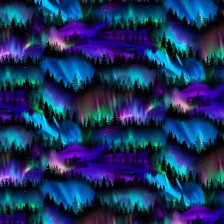 Aurora Borealis Fabric Trees Under Northern Lights in Blue From ...