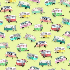 Bike Fabric Happy Campers in Green From Quilting Treasures 100% Cotton