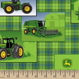 May include: Green and yellow plaid fabric with a repeating pattern of farm equipment, including a tractor, combine harvester, and a barn. The fabric also features a green and yellow John Deere logo.