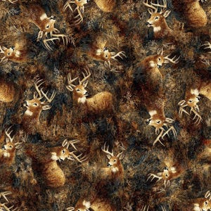 May include: A repeating pattern of deer in a forest setting. The deer are depicted in shades of brown and tan, with prominent antlers. The background features a mix of brown, green, and blue tones, creating a camouflage effect.
