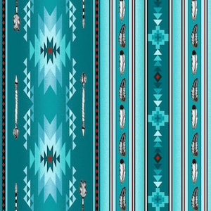 May include: Teal and turquoise patterned fabric with geometric shapes, arrows, and feathers. The design features vertical stripes with feathers and diamond patterns, and a central section with geometric patterns.