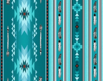 Southwest Fabric Native Spirit Arrows & Feathers in Turquoise From Elizabeth Studios 100% Cotton