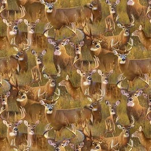 May include: A seamless pattern featuring a repeating design of brown and white deer in a forest setting. The deer are depicted in various poses, including standing, walking, and running. The background is a blur of brown, green, and yellow colors, suggesting a woodland environment.