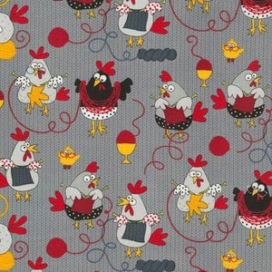 May include: A gray knitted fabric with a repeating pattern of colorful chickens knitting. The chickens are wearing different colored sweaters and hats. Some chickens are holding yarn balls.