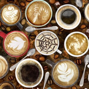 May include: A close-up of a variety of coffee mugs with different designs. The mugs are filled with coffee and have a brown background.