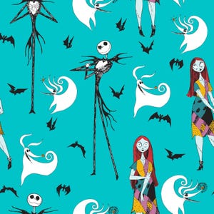 May include: A teal blue background with a repeating pattern of black and white characters from the Nightmare Before Christmas. The characters include Jack Skellington, Sally, and Zero the ghost dog. There are also bats and stars.