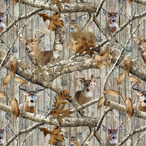 May include: Camouflage pattern featuring deer, branches, and leaves in shades of brown, tan, and green. The design includes the Realtree and Edge logos, creating a natural, outdoorsy theme. The pattern is suitable for hunting or outdoor apparel.