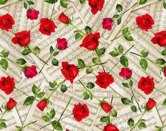 Music Fabric Roses on Music Sheets in Beige From Timeless Treasures 100% Cotton