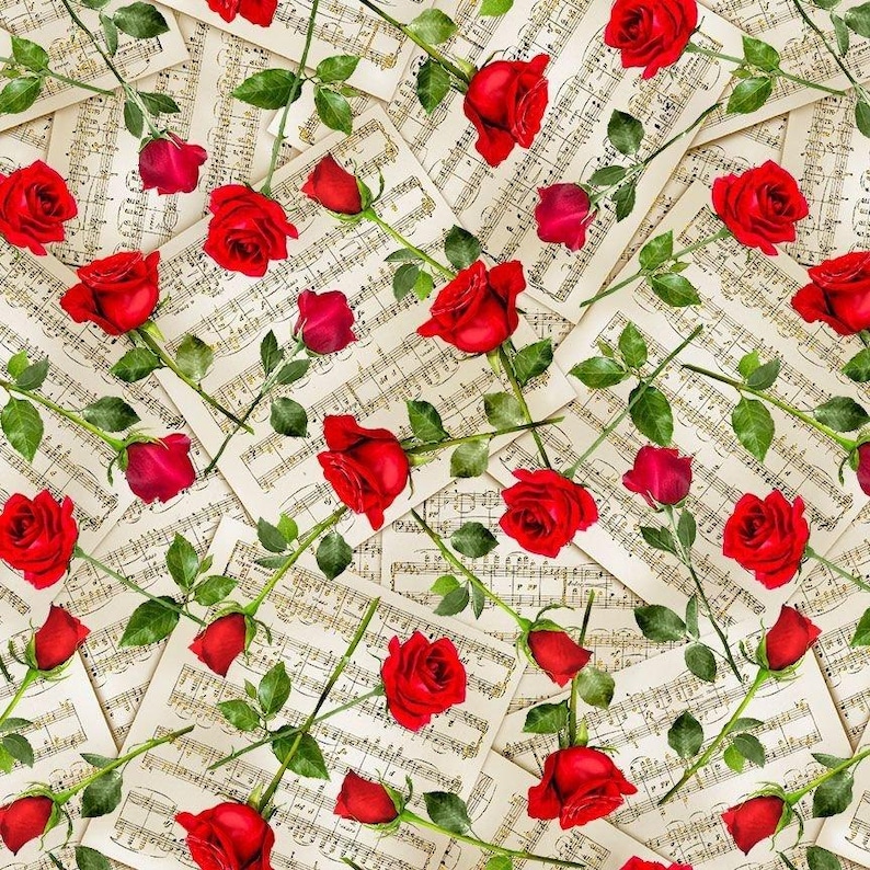 Music Fabric Roses on Music Sheets in Beige From Timeless Treasures 100 ...