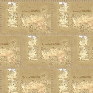May include: A beige and brown map of the fictional land of Westeros from the TV show Game of Thrones. The map is repeated six times on the fabric. The text "Game of Thrones" appears on each map.