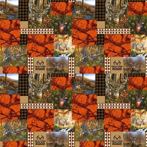 May include: A repeating pattern of orange and brown camouflage with images of deer and the words "RealTree Edge" in a white circle with a brown deer head logo.