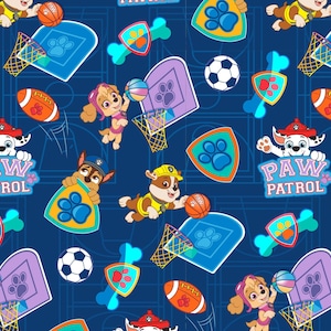 Paw Patrol Fabric Sporty Pups in Blue From David Textiles 100% Cotton
