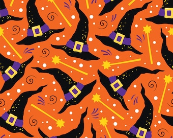May include: A seamless pattern featuring black witch hats with purple bands and yellow stars on an orange background.