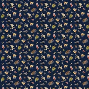 May include: A repeating pattern of watercolor illustrations on a navy blue background. The design features various stylized botanical elements, including leaves, feathers, and abstract shapes in shades of brown, yellow, red, and green.