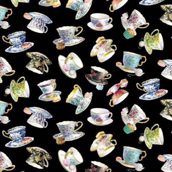 Tea Set Fabric Teacups in Black From Elizabeth Studios 100% Cotton