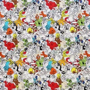 May include: A white fabric covered with a colorful pattern of cartoon characters. The design features characters in various colors, including red, yellow, green, blue, and orange, with black outlines. The overall theme is a playful and animated design.